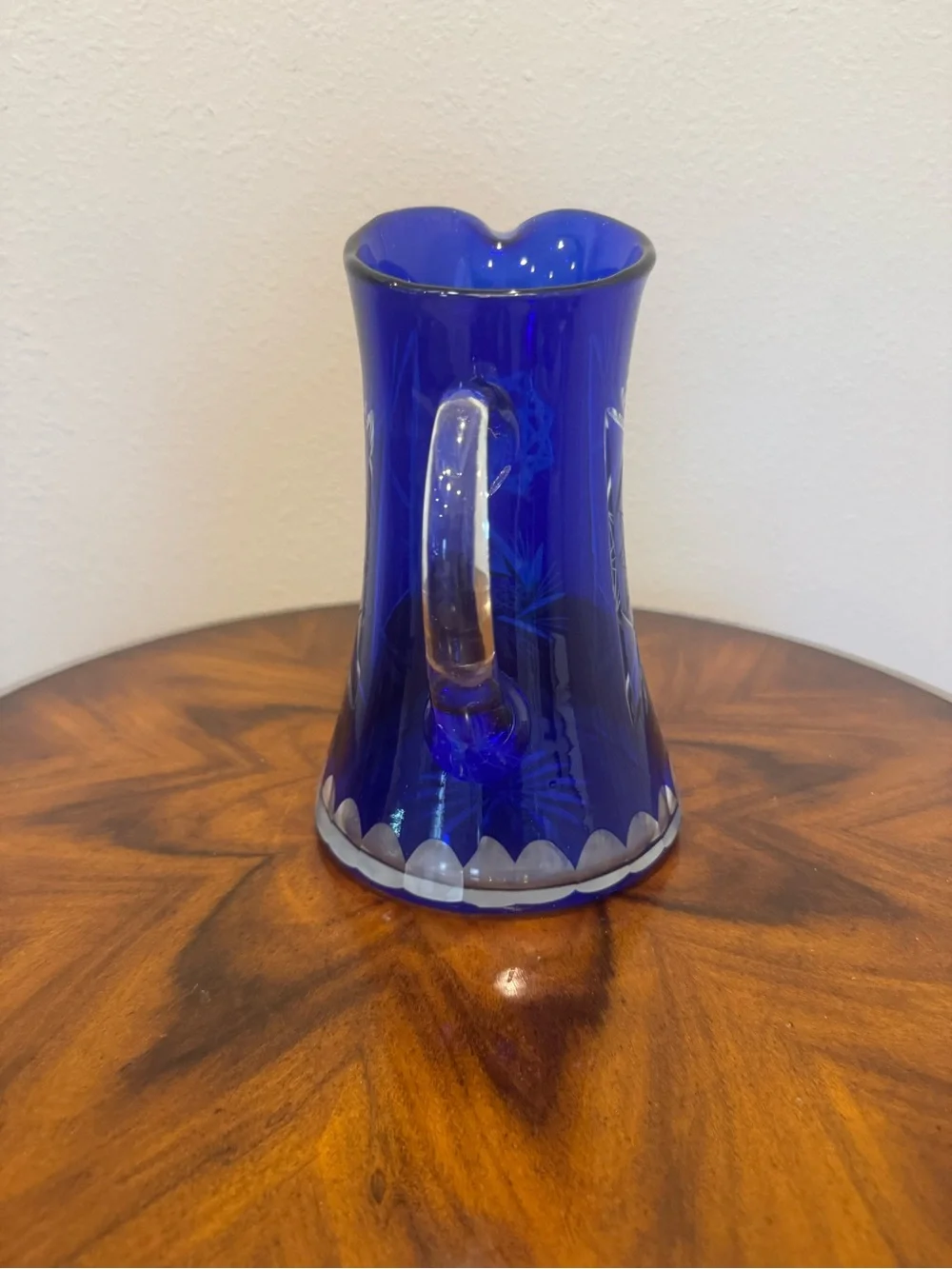 Mid-Century Cobalt Cut To Clear Glass Pitcher 9”
